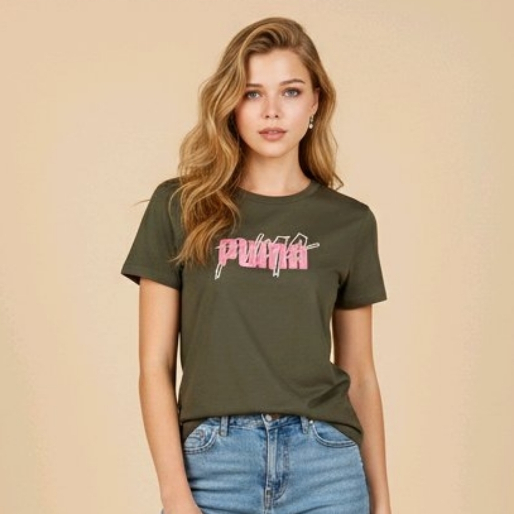 Chic Olive PUMA Tee: Women's Medium, Bold Pink Logo, Casual Cool